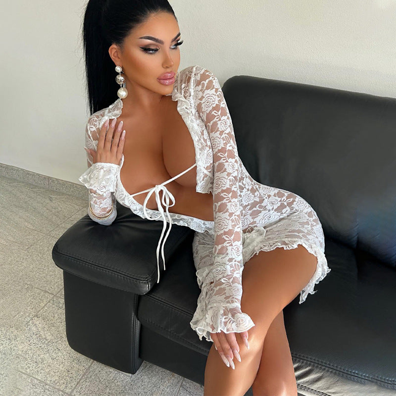 Damen Spitzenbluse mit Rüschendetails und klassischem Ausschnitt R&B