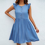 Damen lässiges Kurzkleid mit rüschigen Schulterdetails und Knopfleiste R&B