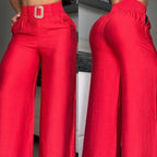 Damen Weite Palazzo-Hose mit hochtailliertem Bund und dekorativem Gürtel R&B