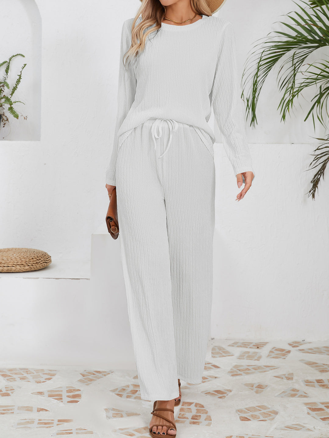 Damen Lässiges Lounge-Set aus leichtem Rippmaterial mit elastischem Bund R&B
