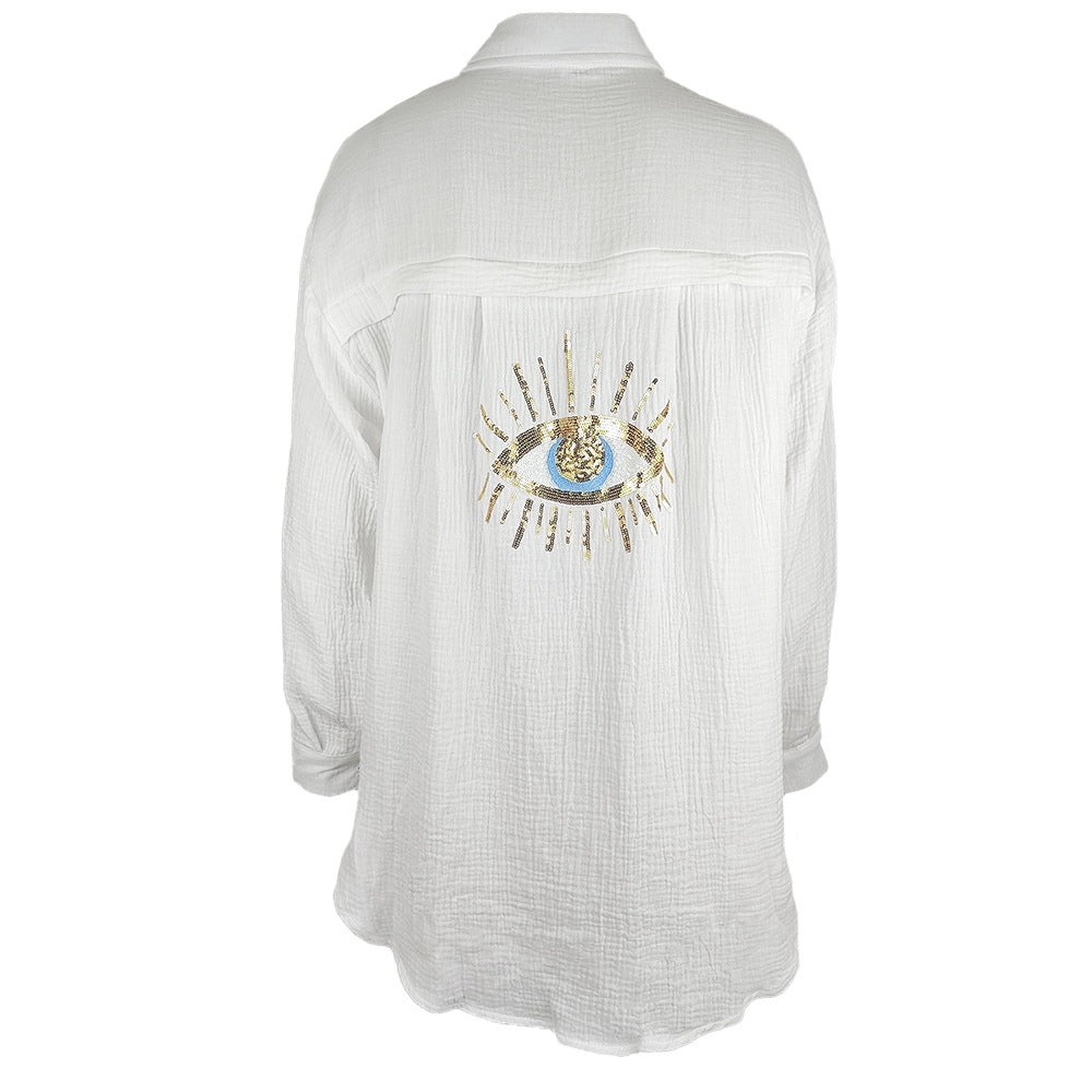 Damen luftige Strandbluse mit glänzendem Eye-Design R&B