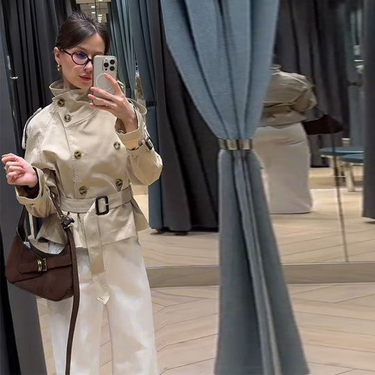 Damen modische Trenchjacke mit Gürtel und doppelter Knopfaiusschnitt R&B