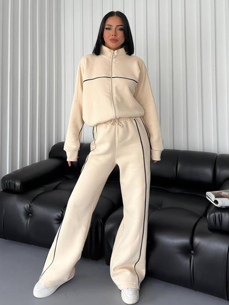 Damen lässiges Crop-Sweat-Set mit weitem Schnitt und hohem Kragen R&B