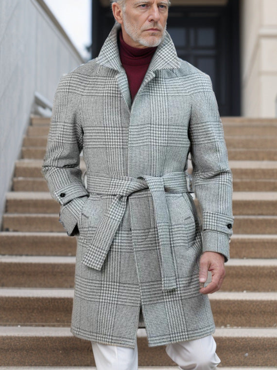 Herren eleganter Trenchcoat mit modernem Karomuster und Taillengürtel R&B