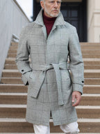 Herren eleganter Trenchcoat mit modernem Karomuster und Taillengürtel R&B