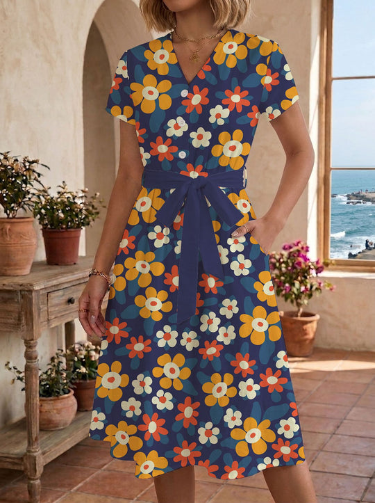 Damen lässiges Maxikleid mit taillierbarem Knoten und dekorativem Karomuster R&B