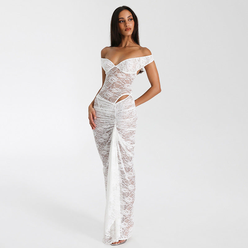 Damen Elegantes Spitzen-Maxi-Kleid mit schulterfreiem Design und Rüschendetails R&B