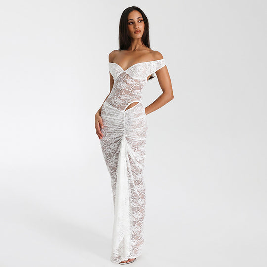 Damen Elegantes Spitzen-Maxi-Kleid mit schulterfreiem Design und Rüschendetails R&B