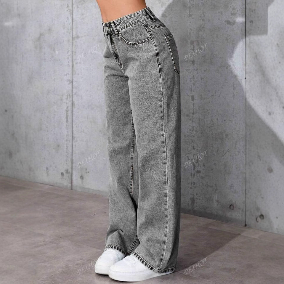 Damen Weit geschnittene Jeans mit kräftigen Kontrastnähten und verspielt gestickten Taschen R&B