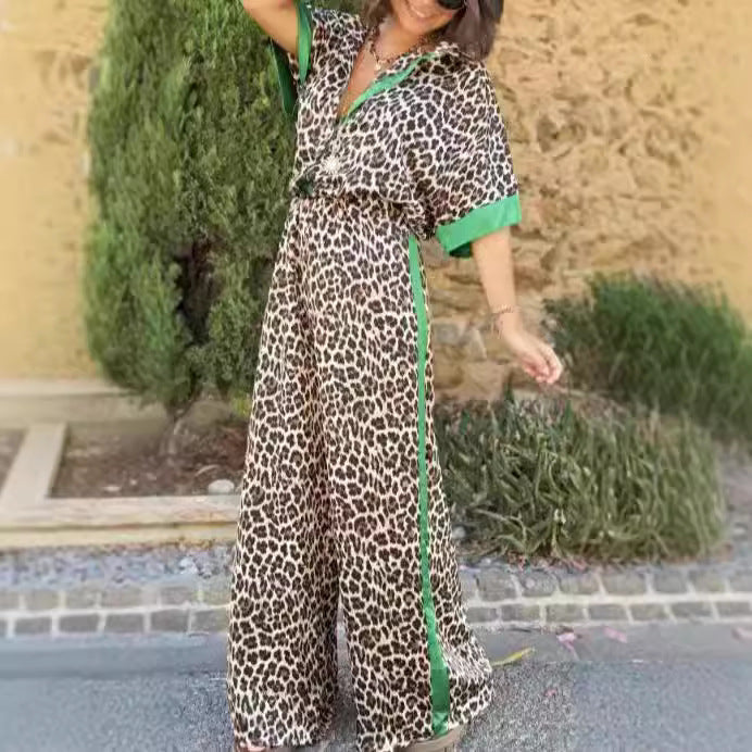 Damen eleganter Leoprint-Jumpsuit mit weiten Beinen und lockerer Passform R&B