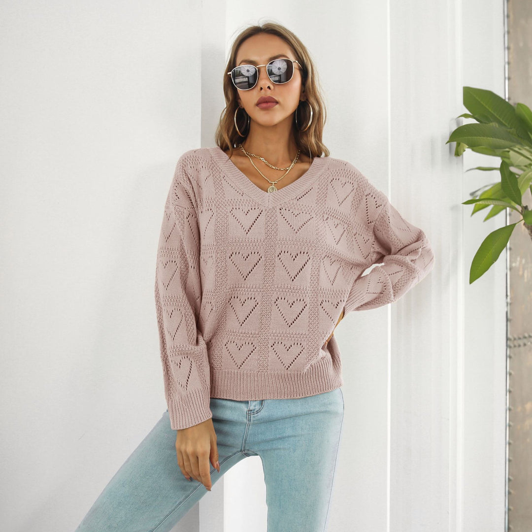 Damen Strickpullover mit Herzmuster und V-Ausschnitt R&B
