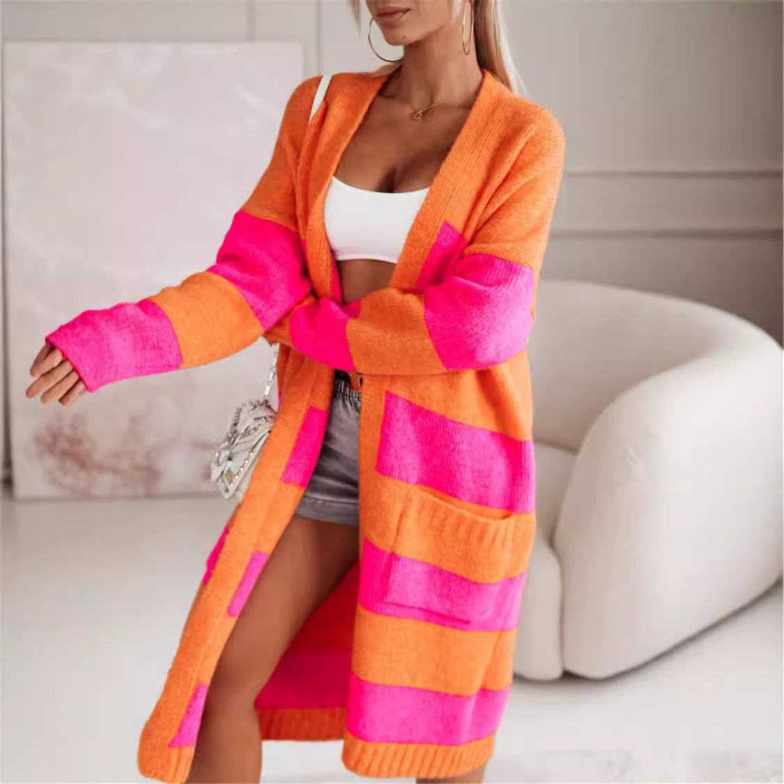 Damen lässiger Strickmantel mit großen Streifen R&B