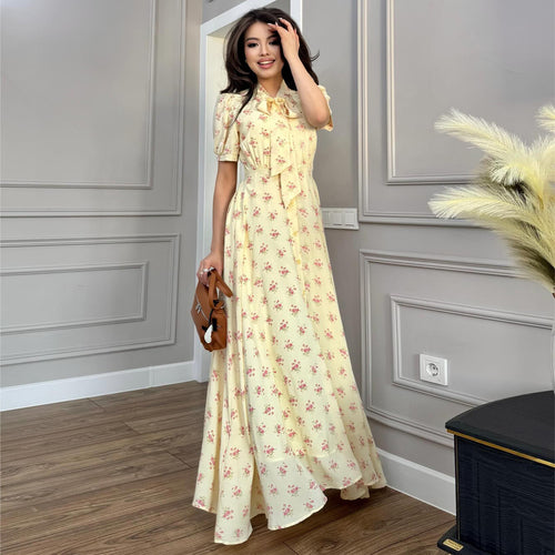 Damen Maxikleid mit eleganter Schleifenbindung und romantischem Blütenmuster R&B