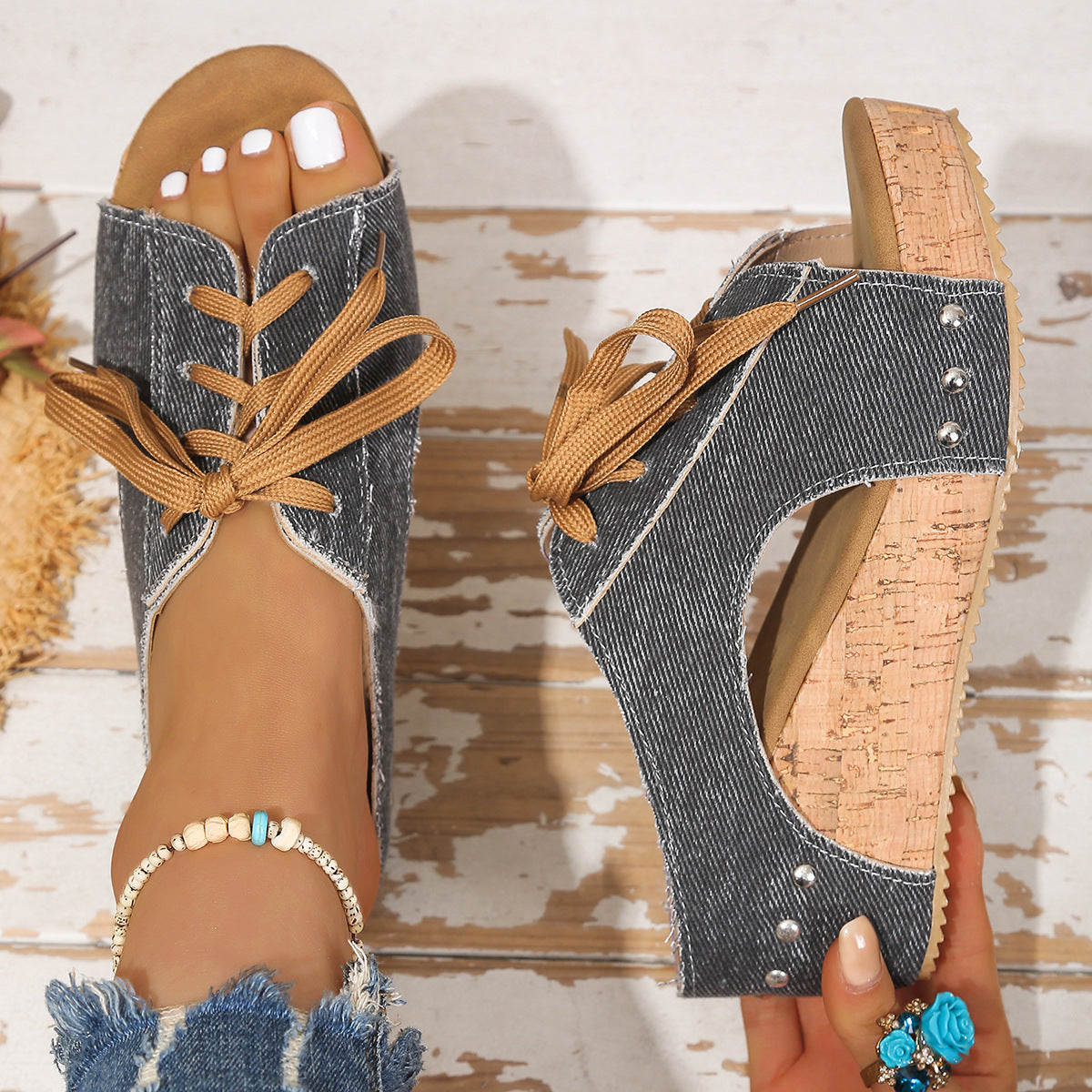 Damen Wedge-Sandalen mit dekorativem Schnürung und Korksohle R&B