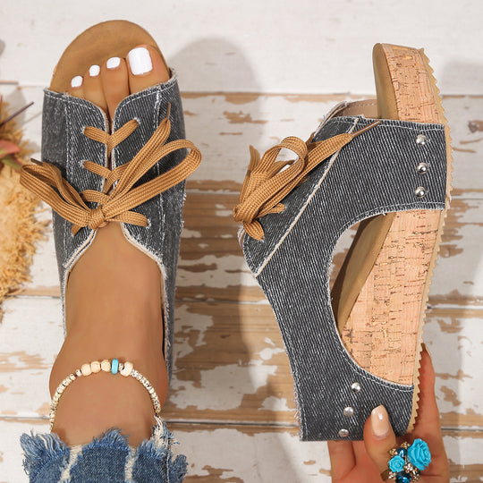 Damen Wedge-Sandalen mit dekorativem Schnürung und Korksohle R&B