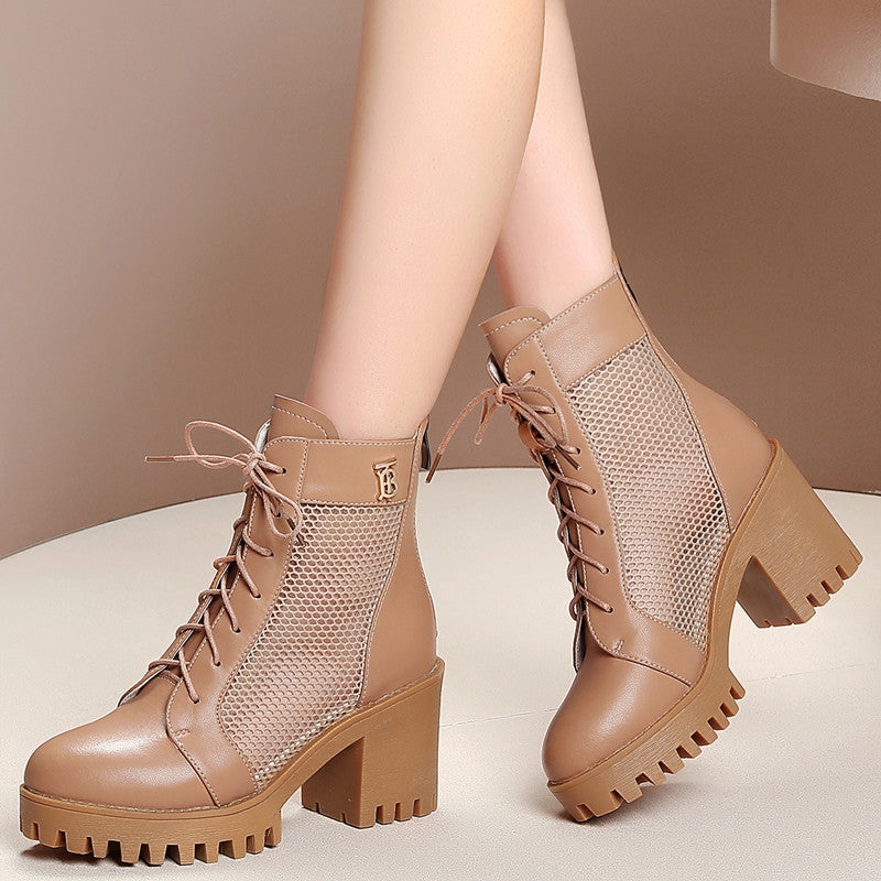 Damen Schnürstiefeletten mit elegantem Mesh-Einsatz und robustem Blockabsatz