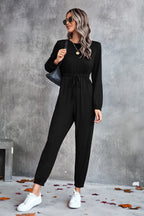 Damen lässiger Jumpsuit mit elastischem Taillenzug und trendy Langarm R&B