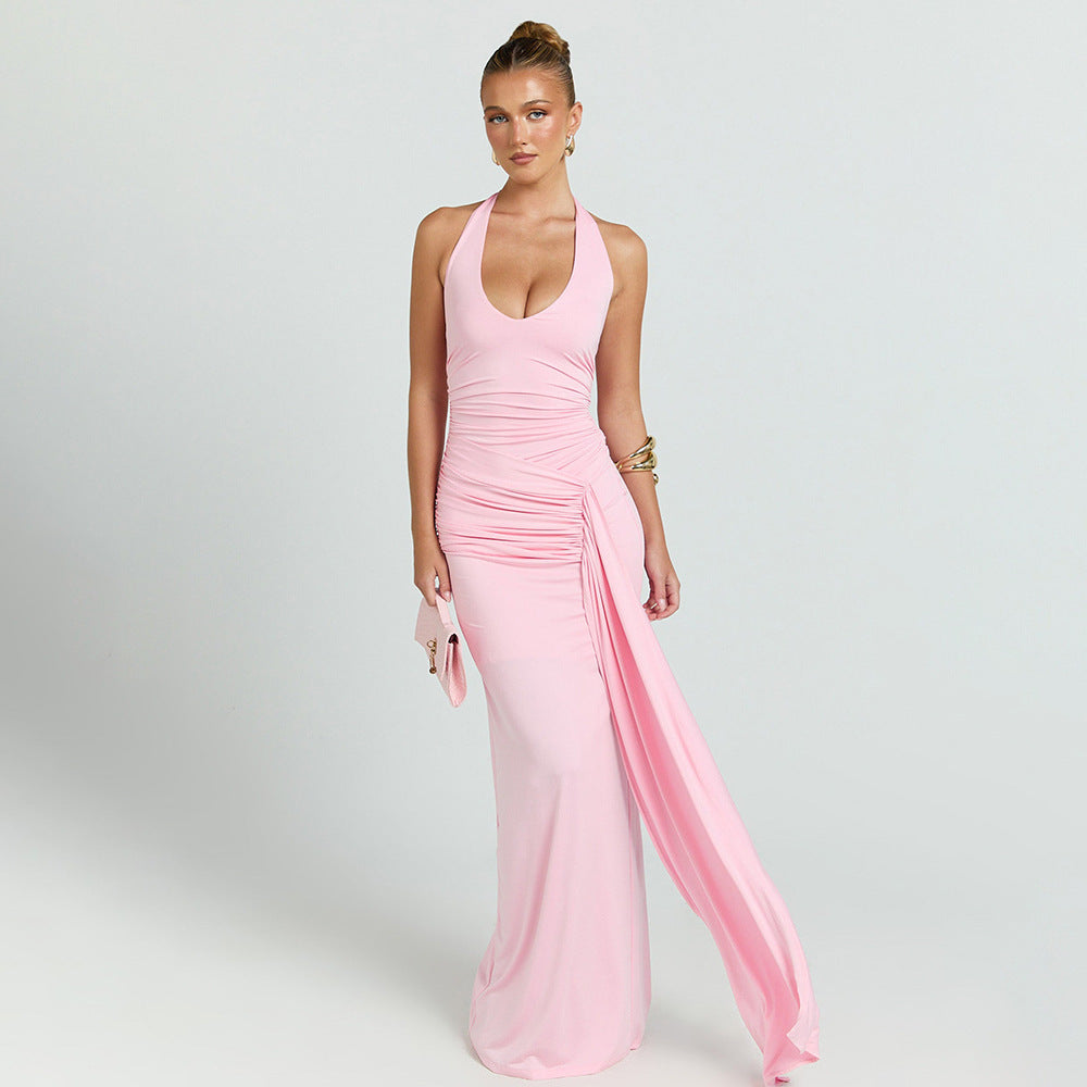 Damen Maxikleid mit tiefem Ausschnitt und Raffungen R&B
