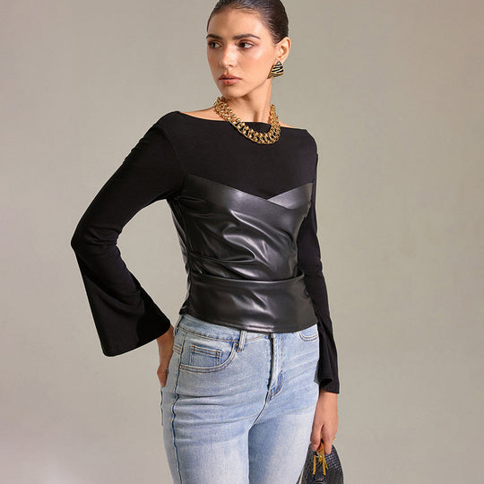 Damen Oberteil mit ausgefallenem Wickeldesign und eleganten Trompetenärmeln R&B