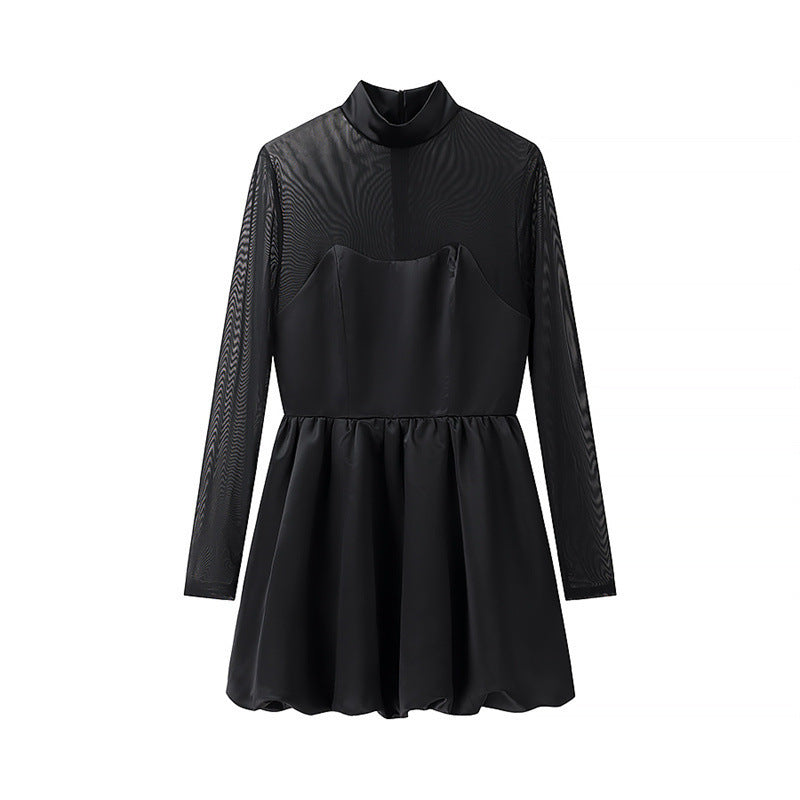 Damen elegantes Minikleid mit transparenten Ärmeln und hohem Kragen R&B