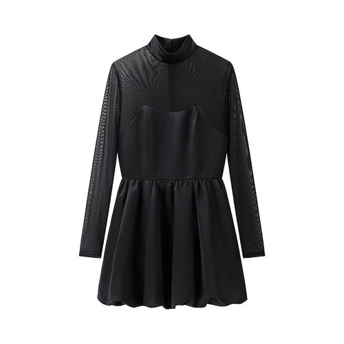Damen elegantes Minikleid mit transparenten Ärmeln und hohem Kragen R&B