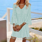 Damen Strandkleid mit elegantem V-Ausschnitt und dekorativen Fransen R&B
