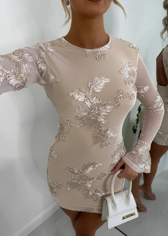 Damen Figurnahes Spitzenkleid mit floralen Applikationen und langen Ärmeln R&B