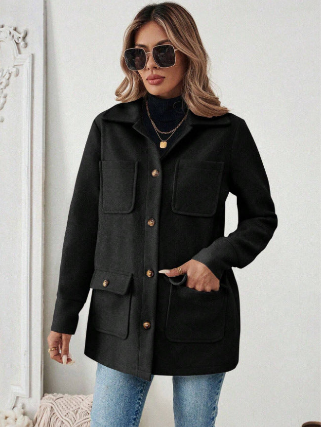 Damen Modische Utility-Jacke mit großen Taschen und goldenem Druck R&B