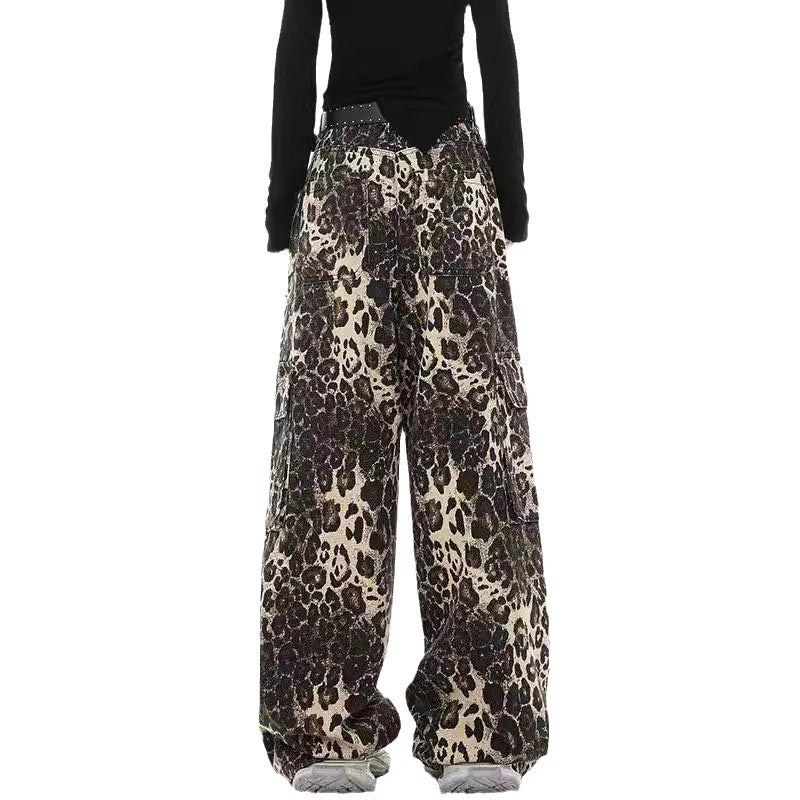 Damen Weite Cargohose im modischen Leopardenmuster mit praktischen Taschen und hohem Bund R&B