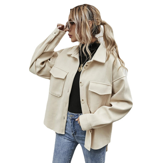 Damen elegante Oversized Jacke mit aufgesetzten Taschen und modischem Kragen R&B