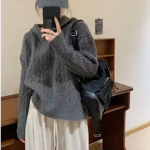 Damen Kuscheliger Strickpullover mit Kapuze und Kabelmuster R&B