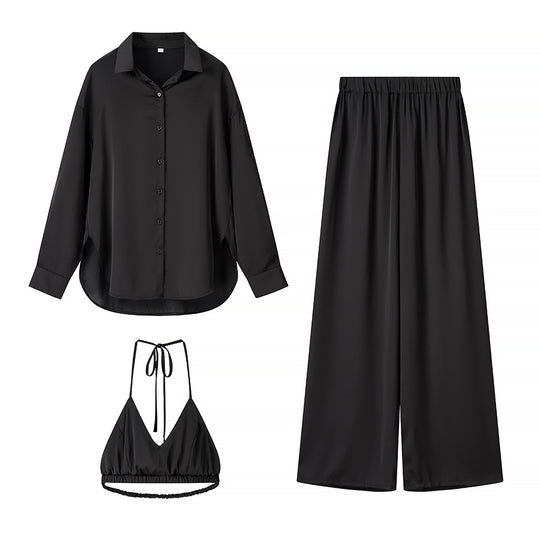 Damen Set aus eleganter Bluse, bequemen Palazzo-Hosen und modischem Bralette R&B