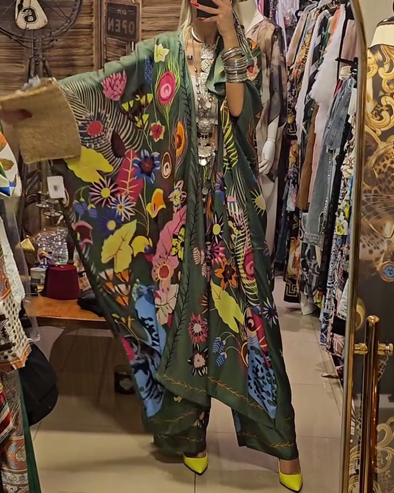 Damen nan extravagantes Maxi-Kaftan-Zweiteiler mit weitem Kimonoärmel, ausgestellter Palazzohose und ausdrucksstarkem Floralprint R&B