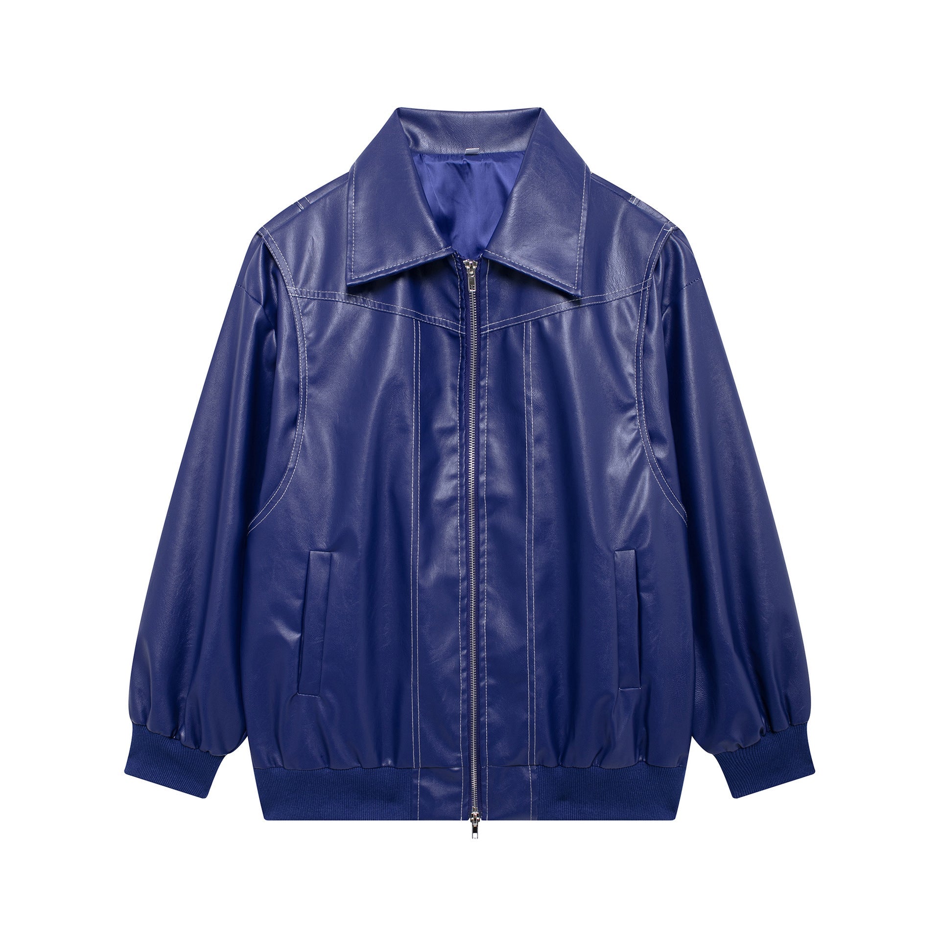 Damen Elegante Kunstlederjacke mit hochstehendem Kragen und elastischen Bündchen