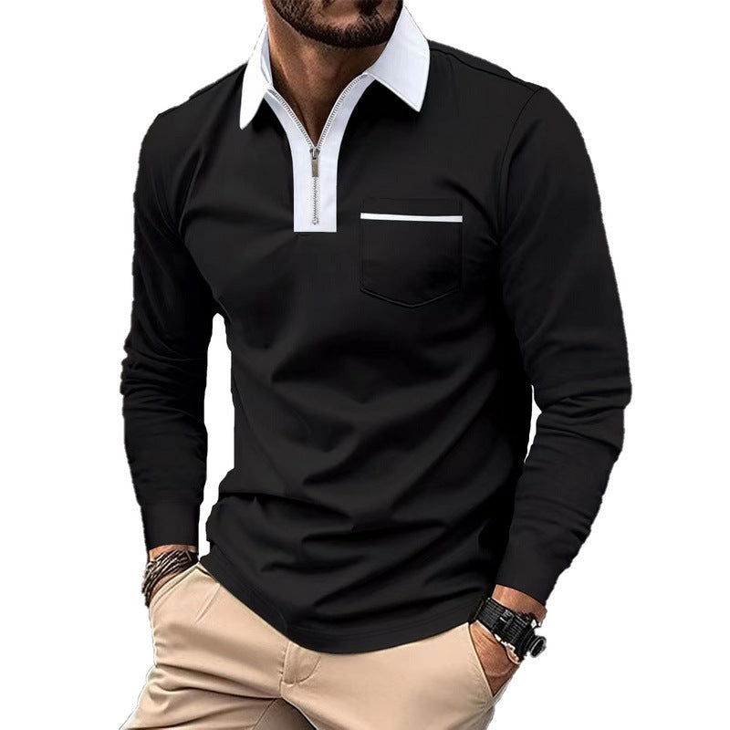 Herren nan elegantes Langarm-Poloshirt mit markantem Stehkragen Metall-Kurzreißverschluss und Brustleistentasche R&B
