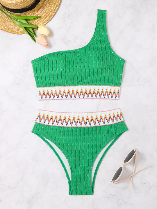 Damen Einseitiger Crop-Bikini mit buntem Jacquardband R&B