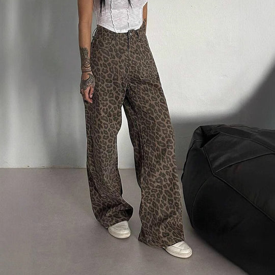 Damen Weit geschnittene Leoparden-Jeans im lässigen Stil R&B