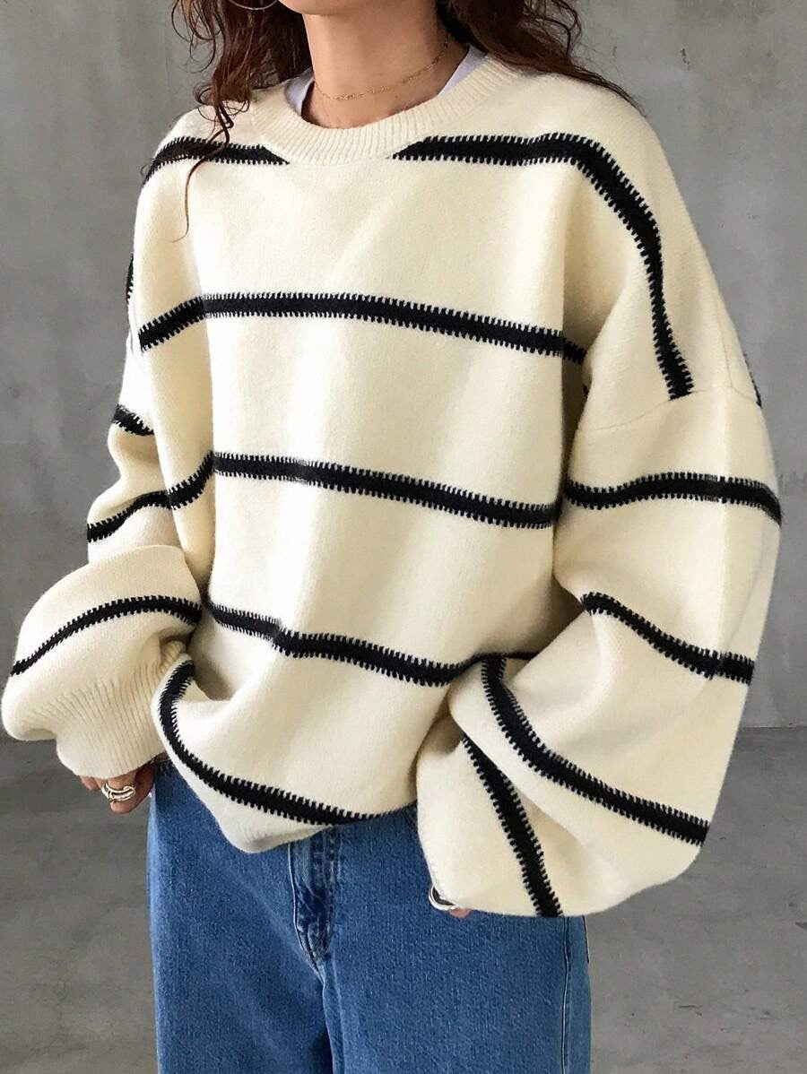 Damen Oversized Strickpullover mit trendigem Streifenmuster und lässiger Passform R&B