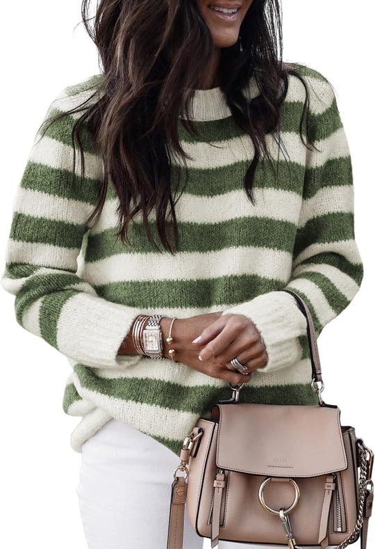 Damen lässiger Strickpullover mit breiten Querstreifen R&B