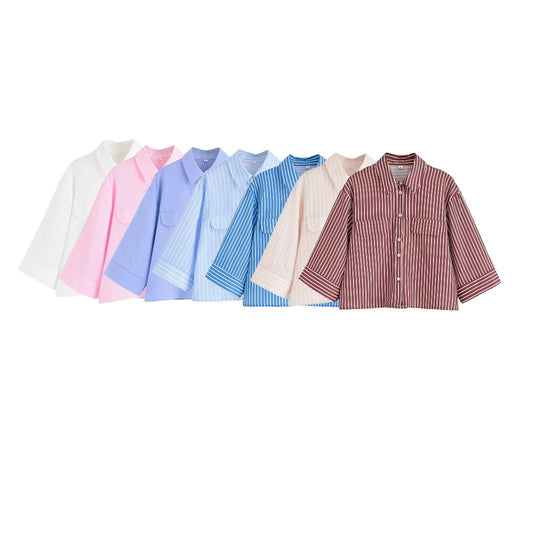 Damen gestreifte Bluse mit übergroßem Schnitt und praktischen Taschen R&B