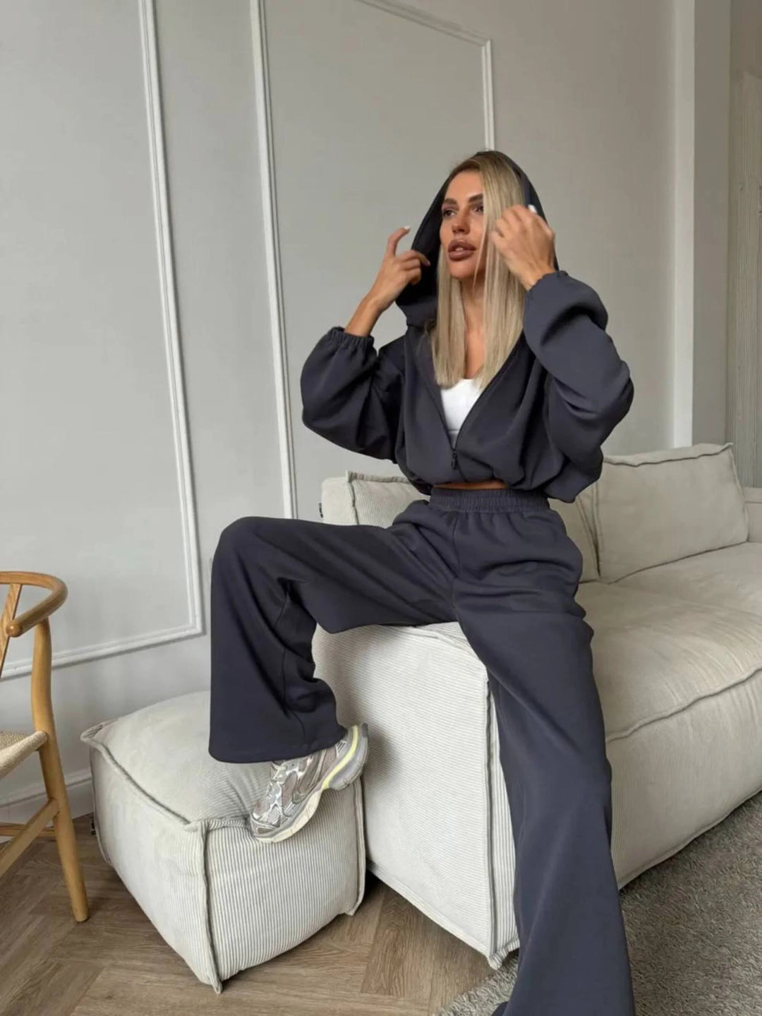 Damen lässiges Lounge-Set mit Hoodie und weiten Hosen R&B