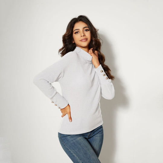 Damen Moderner Rollkragenpullover mit Knopfdetails R&B