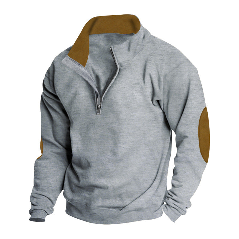 Herren nan lässiger Freizeitpullover mit kurzem Frontreißverschluss, weichem Innenfutter und Veloursleder-Ärmelbesatz R&B