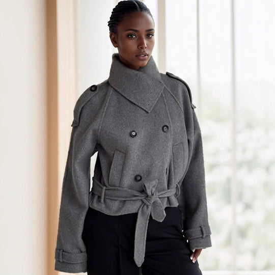 Damen modische Oversized-Wolljacke mit hohem Kragen und Gürtel R&B