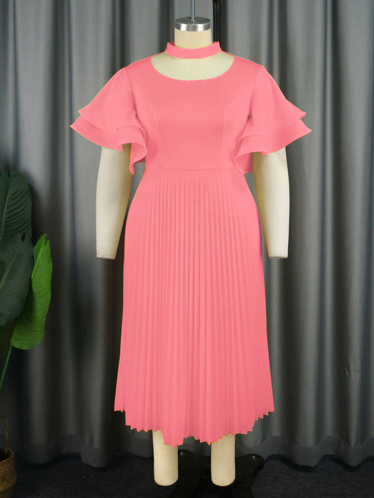 Damen Plissee Maxikleid mit Choker und voluminösen Ärmeln R&B