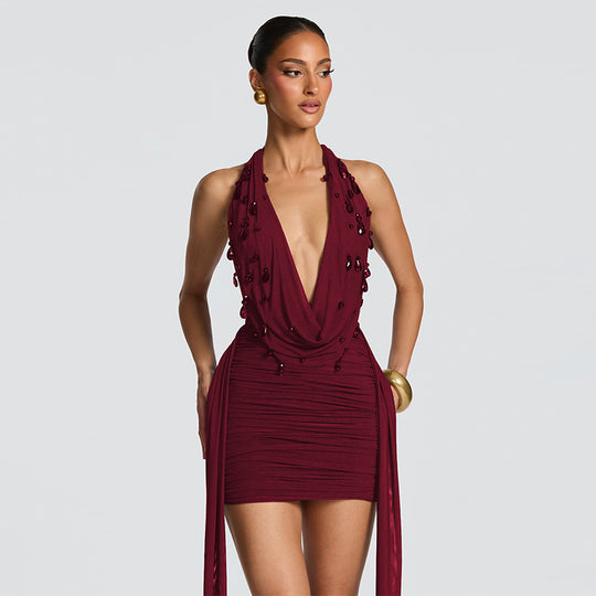 Damen Mini-Kleid mit raffiniertem Drapé und tiefem V-Ausschnitt R&B