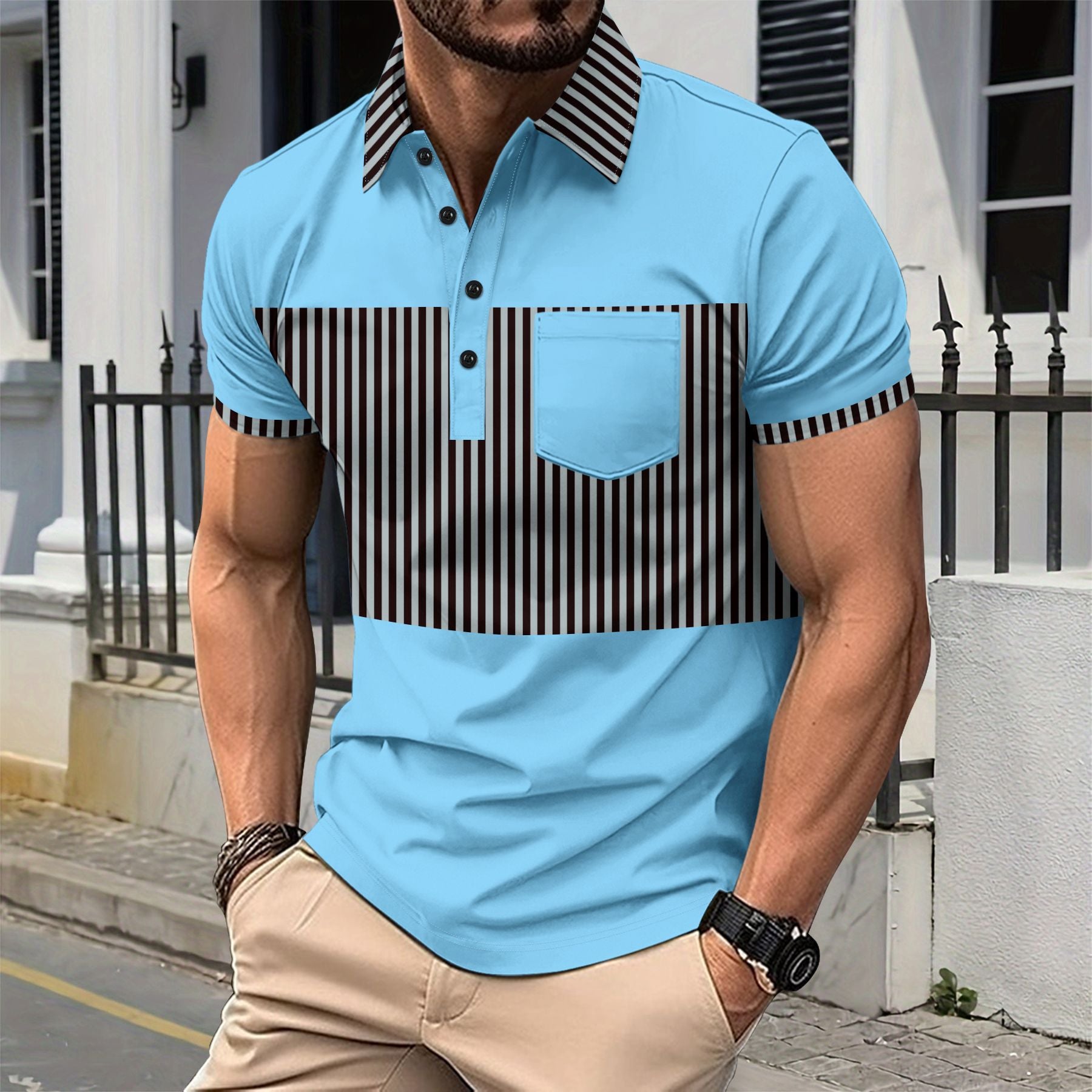 R&B | Tasche Knopf Revers gestreiftes Farbschema T-Shirt