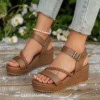 Damen Keil-Sandalen mit geflochtenem Riemen und verstellbarem Schnallenverschluss R&B