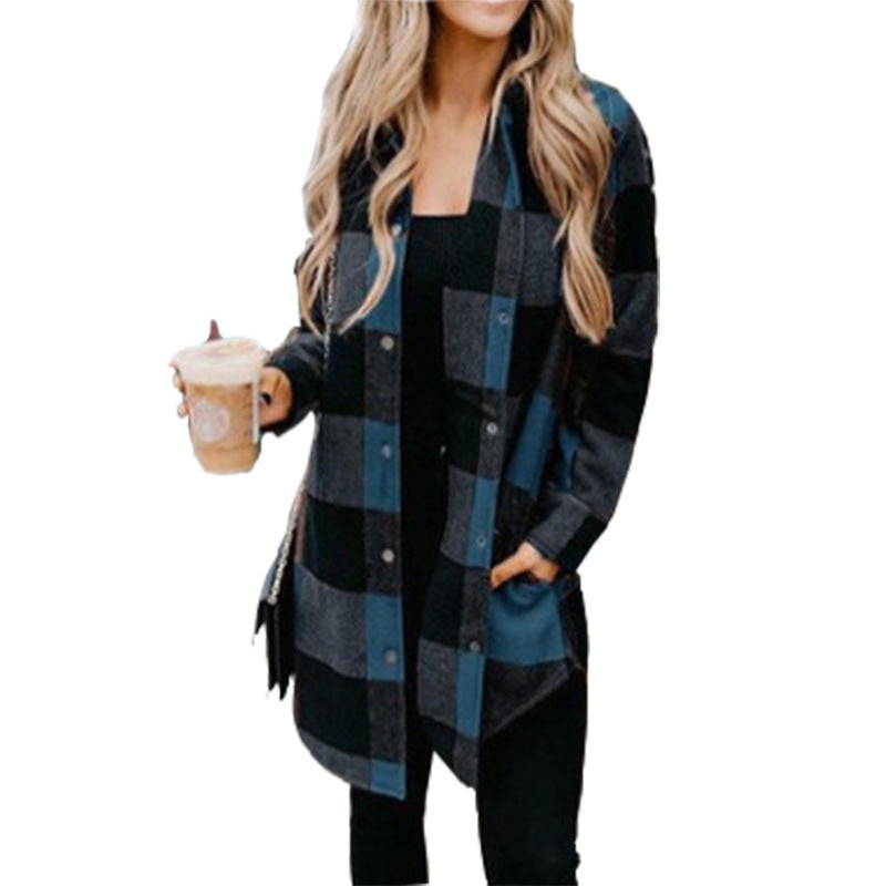 Damen lässige Longbluse im Karo-Design mit Knopfleiste R&B