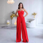 Damen Eleganter Jumpsuit mit tiefem V-Ausschnitt und schwingenden Beinnähten EB